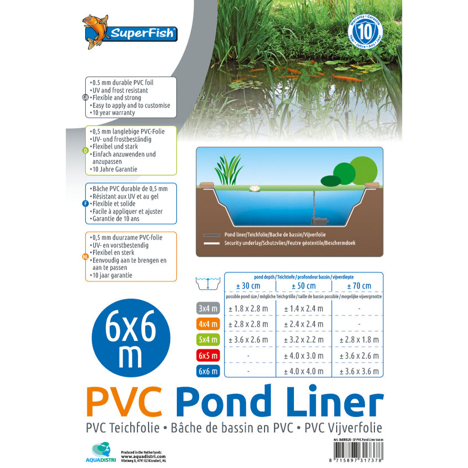 Folie Teichbau Fischteich Gartenteich TEICHFREUND® PVC-TEICHFOLIE 0,5mm 6x6m 